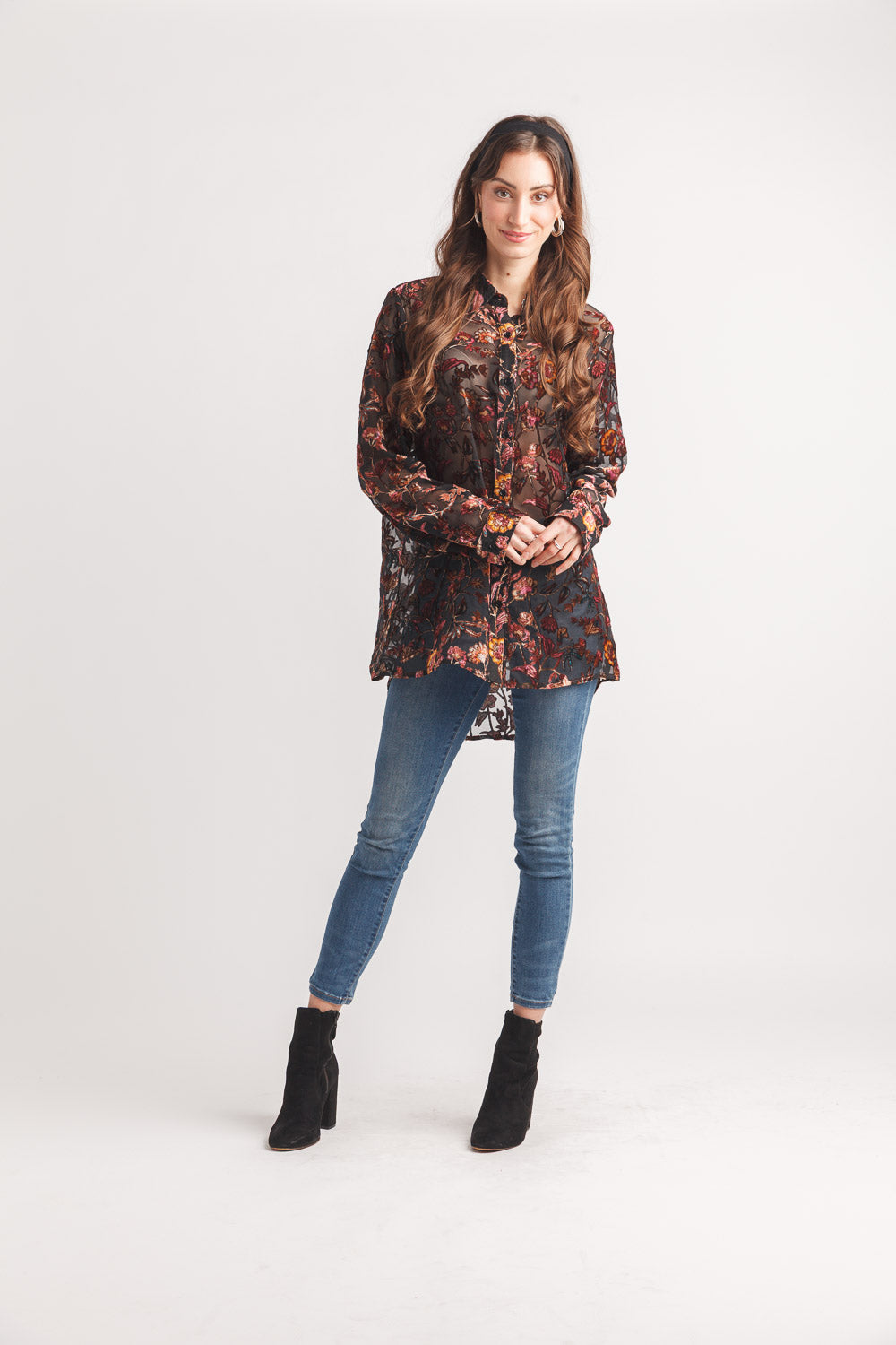 Floral Velvet Burnout Collared BF Blouse