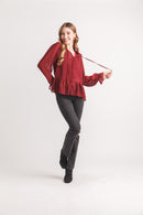 Swiss Dot Button Front Ruffle Trim Blouse