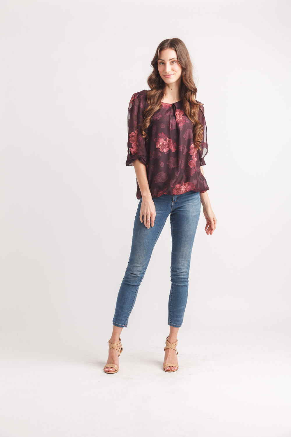 Floral Satin Burnout Bubble Hem Blouse