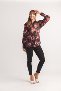 Floral Satin Burnout Collared Blouse