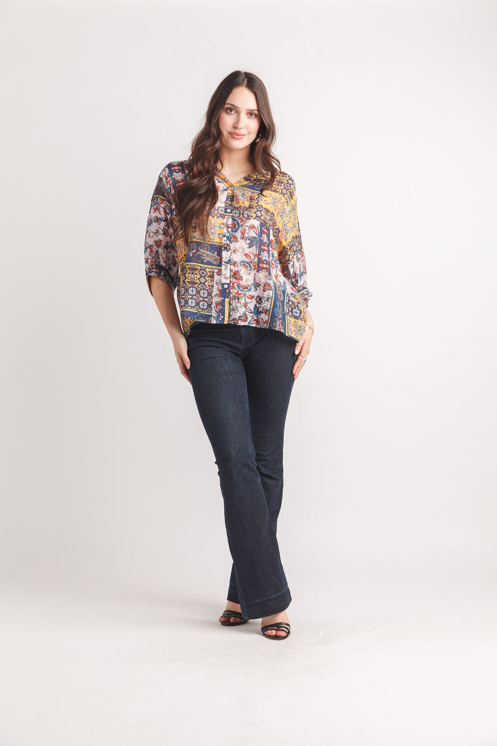 Patch Print Blouse With Back Button Detail