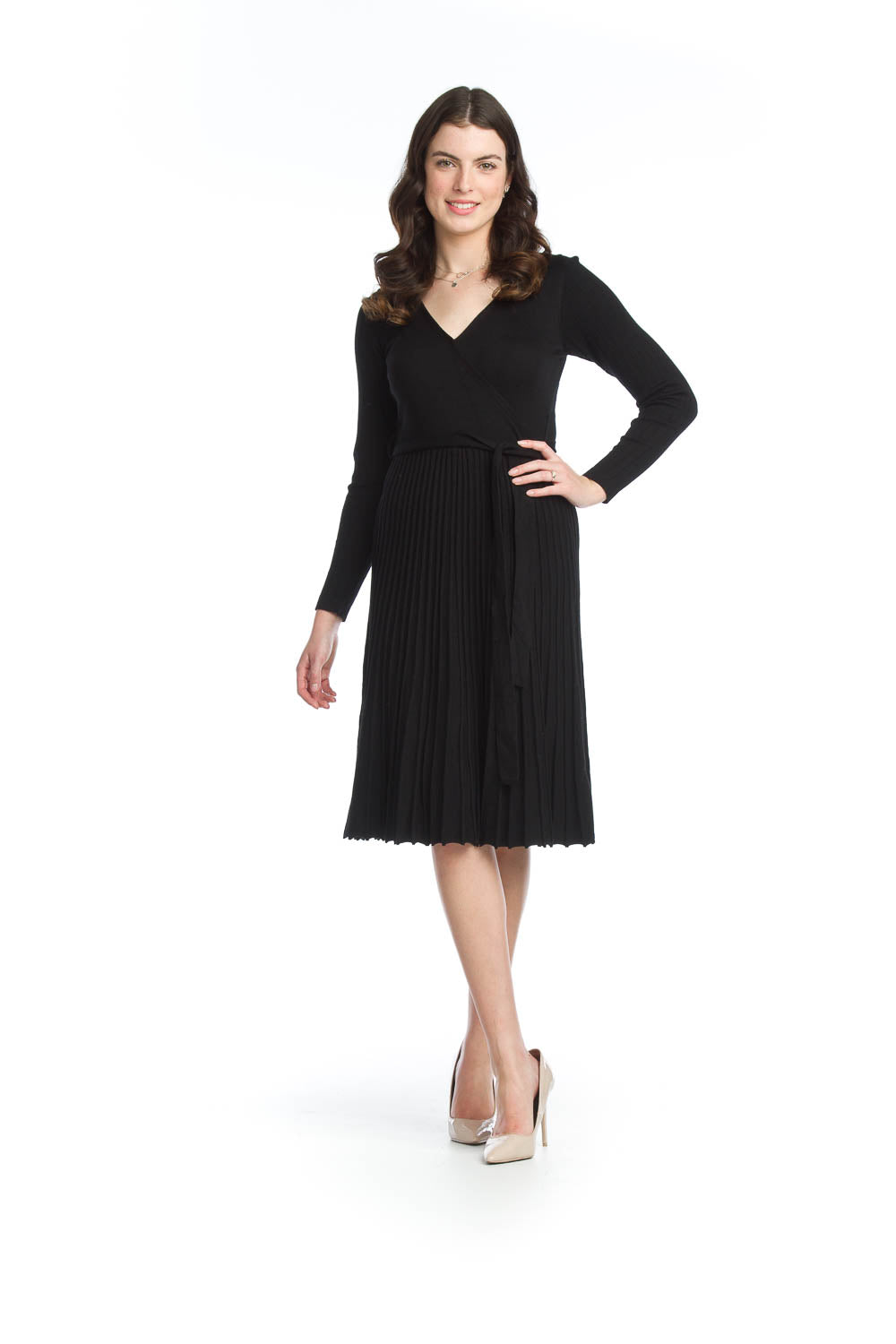 SD-13430 - Black - WRAP TOP SWEATER DRESS WITH RIBBED SKIRT