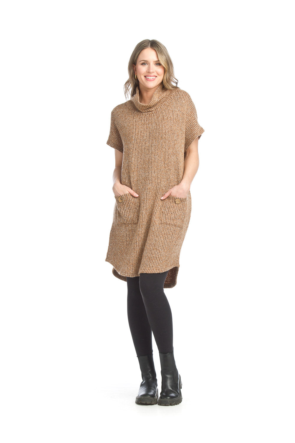 SD-15407 - Heathered Short Sleeve Sweater Dress with Pockets