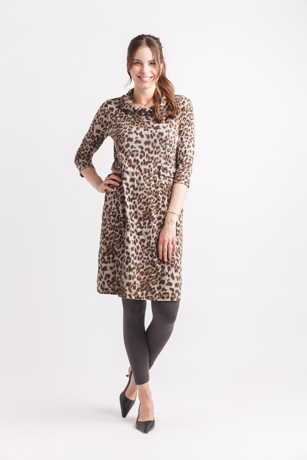 Leopard Print Two Pocket Cowl Neck