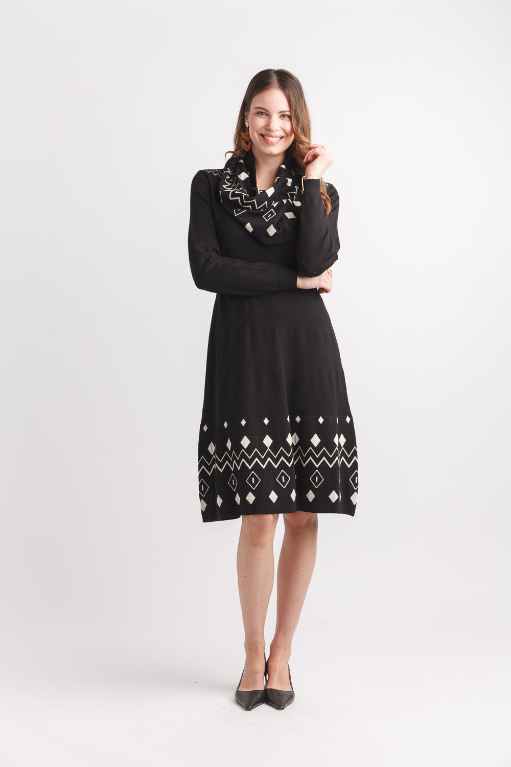 Fairsle Knit Sweater Dress With Cowl Neck