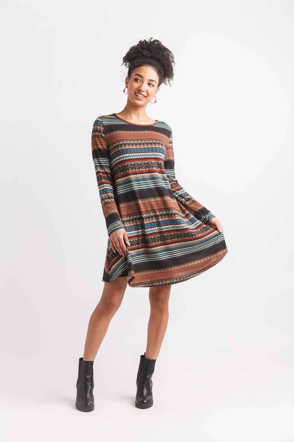 Fairisle Striped Aline Sweater Dress With Pkt