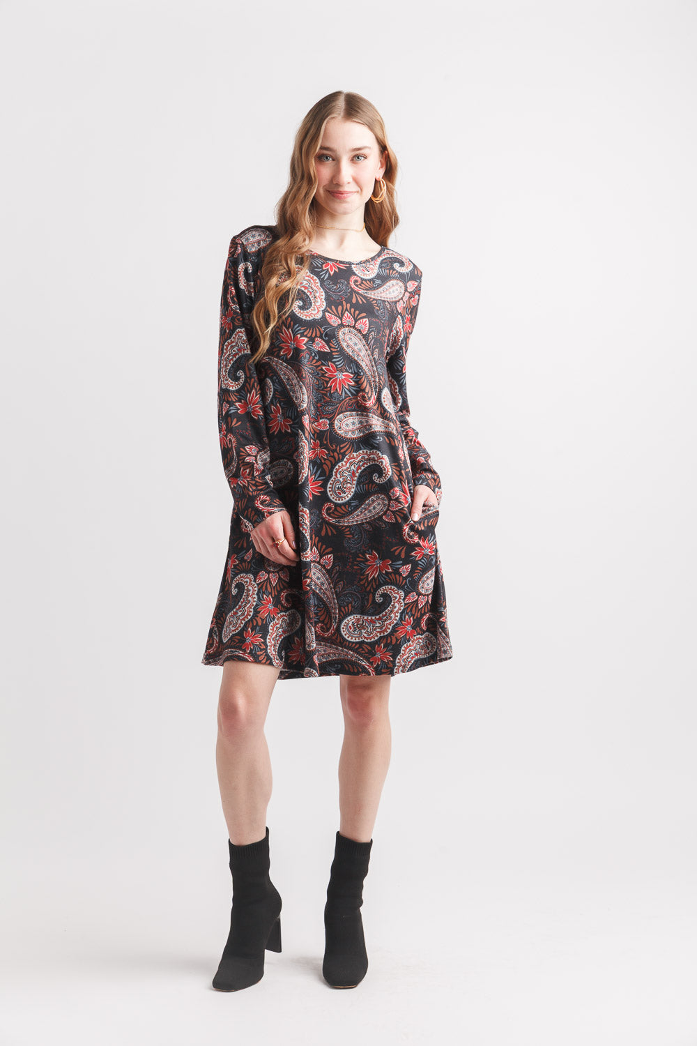 Paisley Print Aline Sweater Dress With Pockets