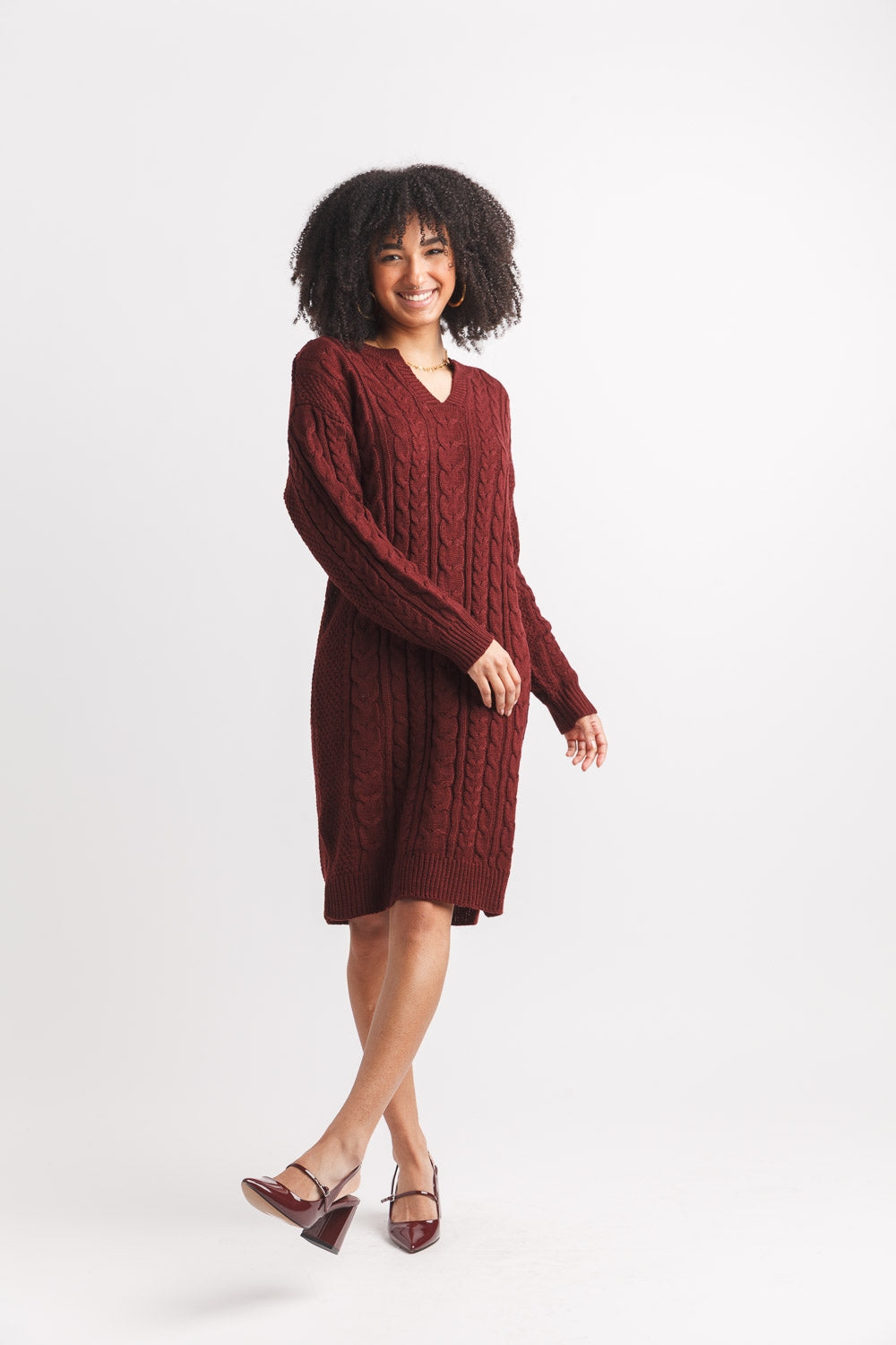 Cable Knit Sweater Dress With V Notch