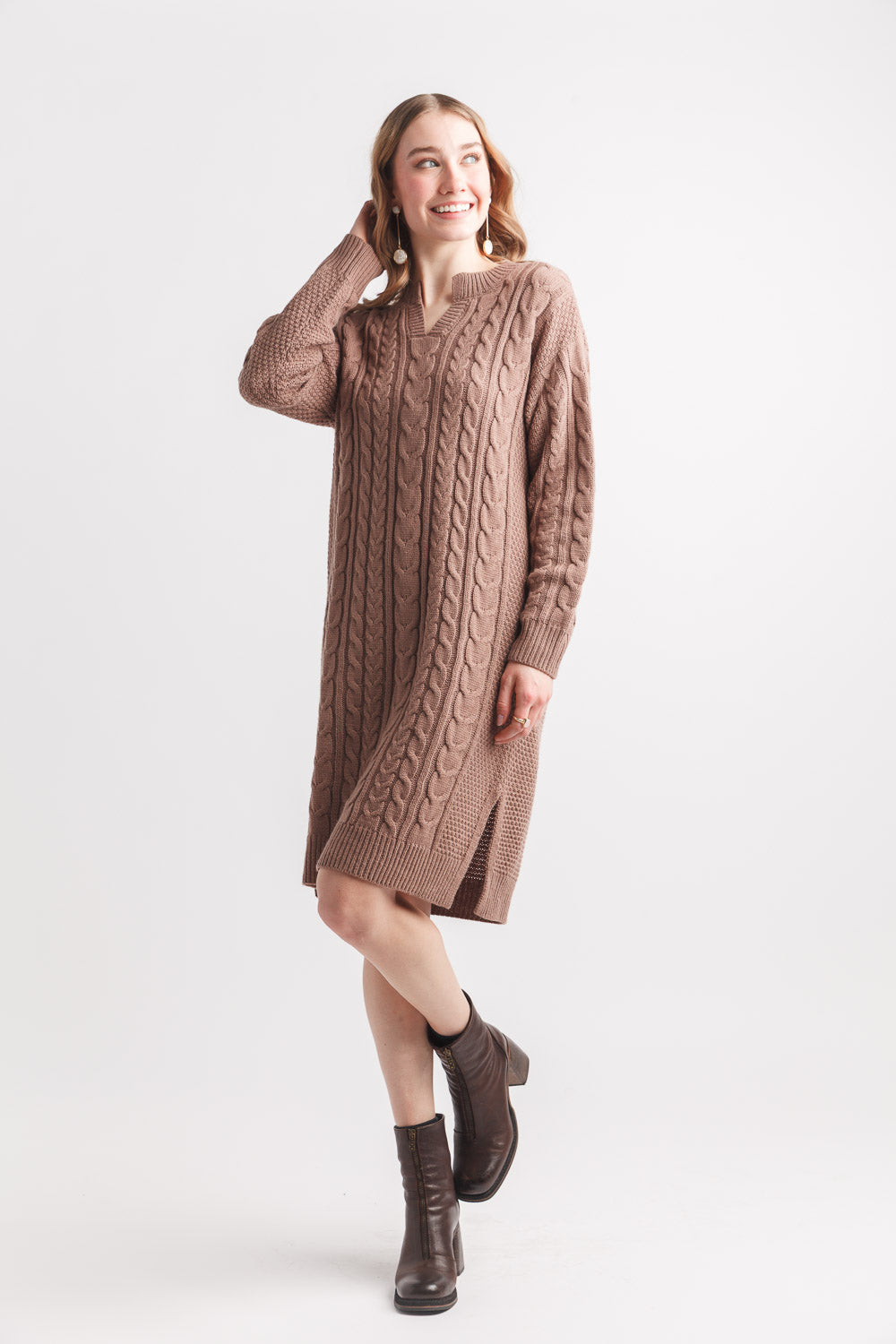 Cable Knit Sweater Dress With V Notch