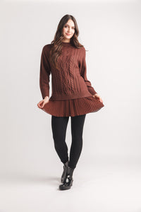 Cable Knit Sweater Dress With Pleated