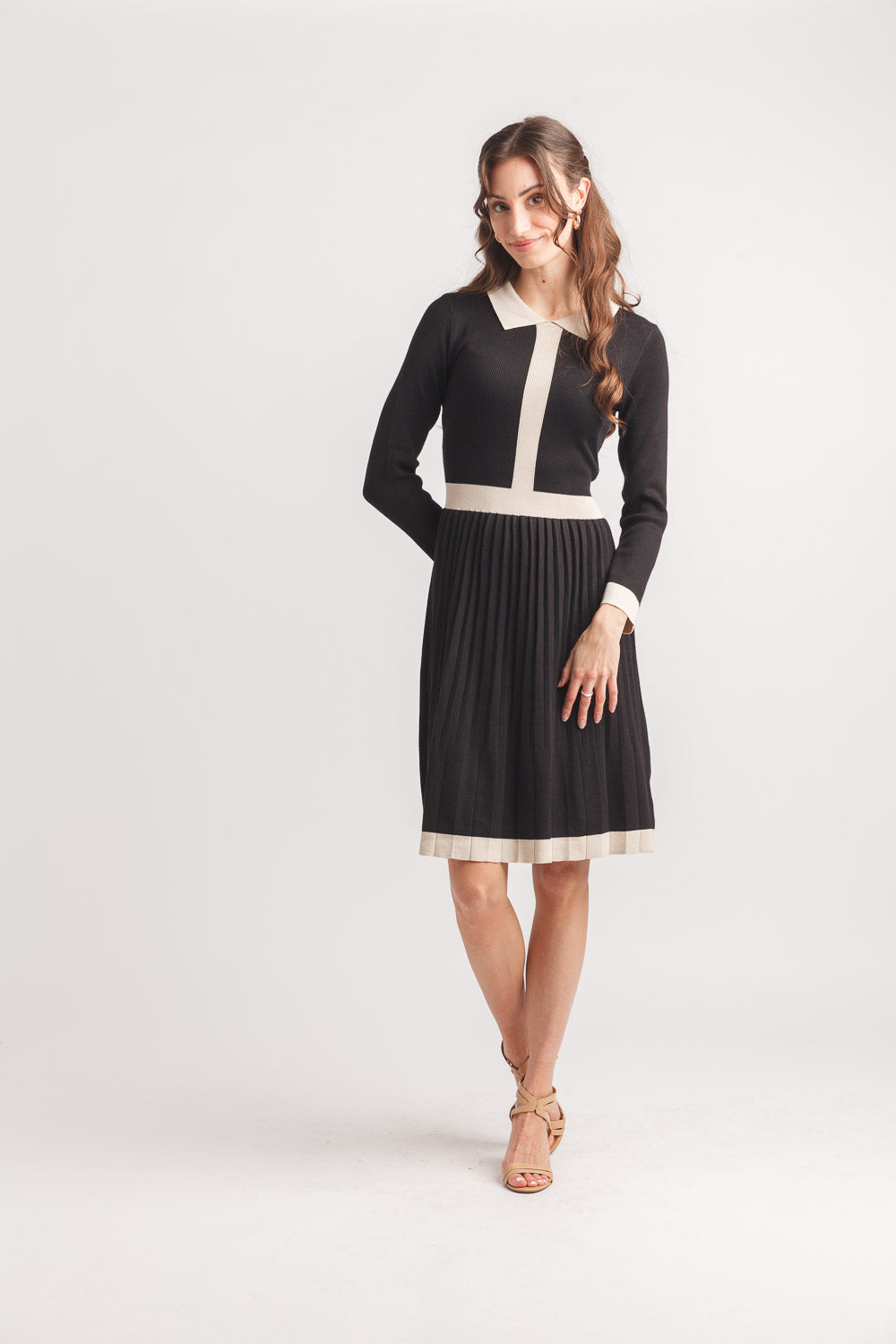 Collared Knit Dress With Pleated Skirt