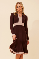 Collared Knit Zip Dress With Pleated Skirt