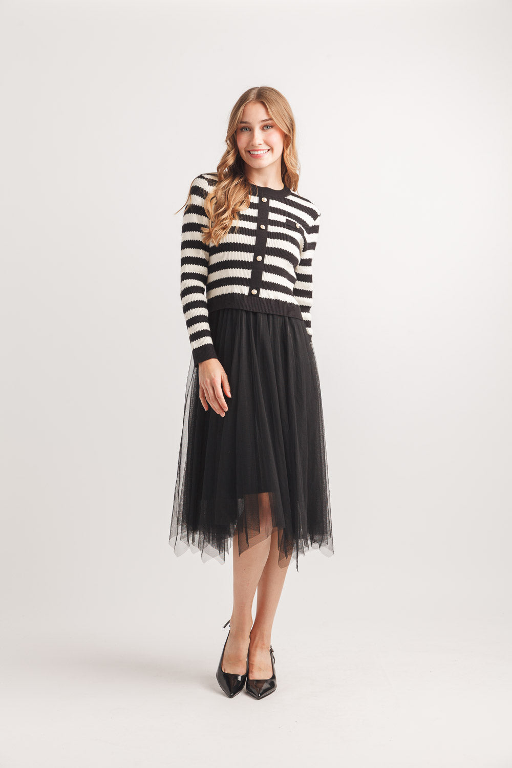 Striped Knit Troffer Dress With Tulle Skirt