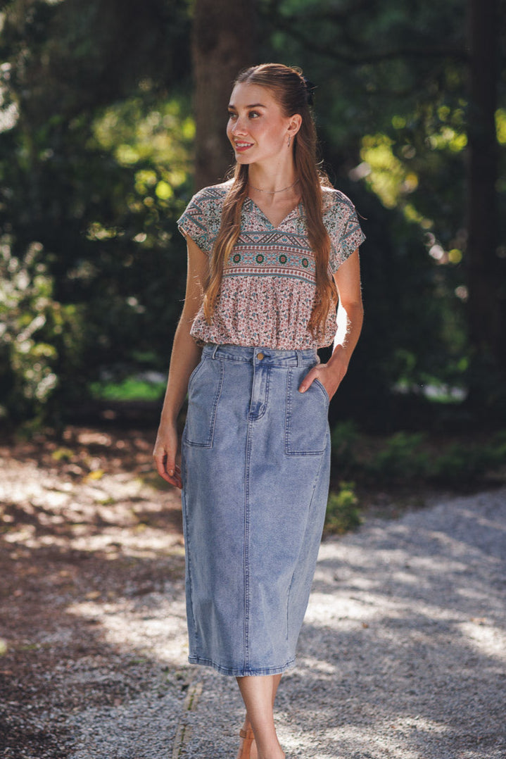 Stretch Denim Skirt with Back Slit