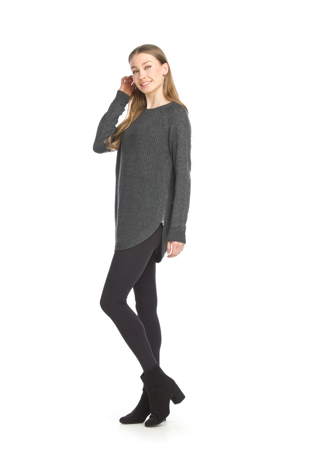 ST-04384 -Charcoal - Knit Shirt Hem Sweater with Side Zip Detail