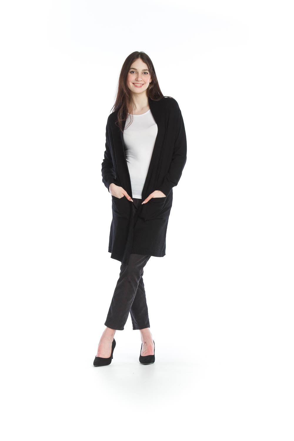 ST-13303 - Black- Ribbed Pointelle Cardigan with Pockets
