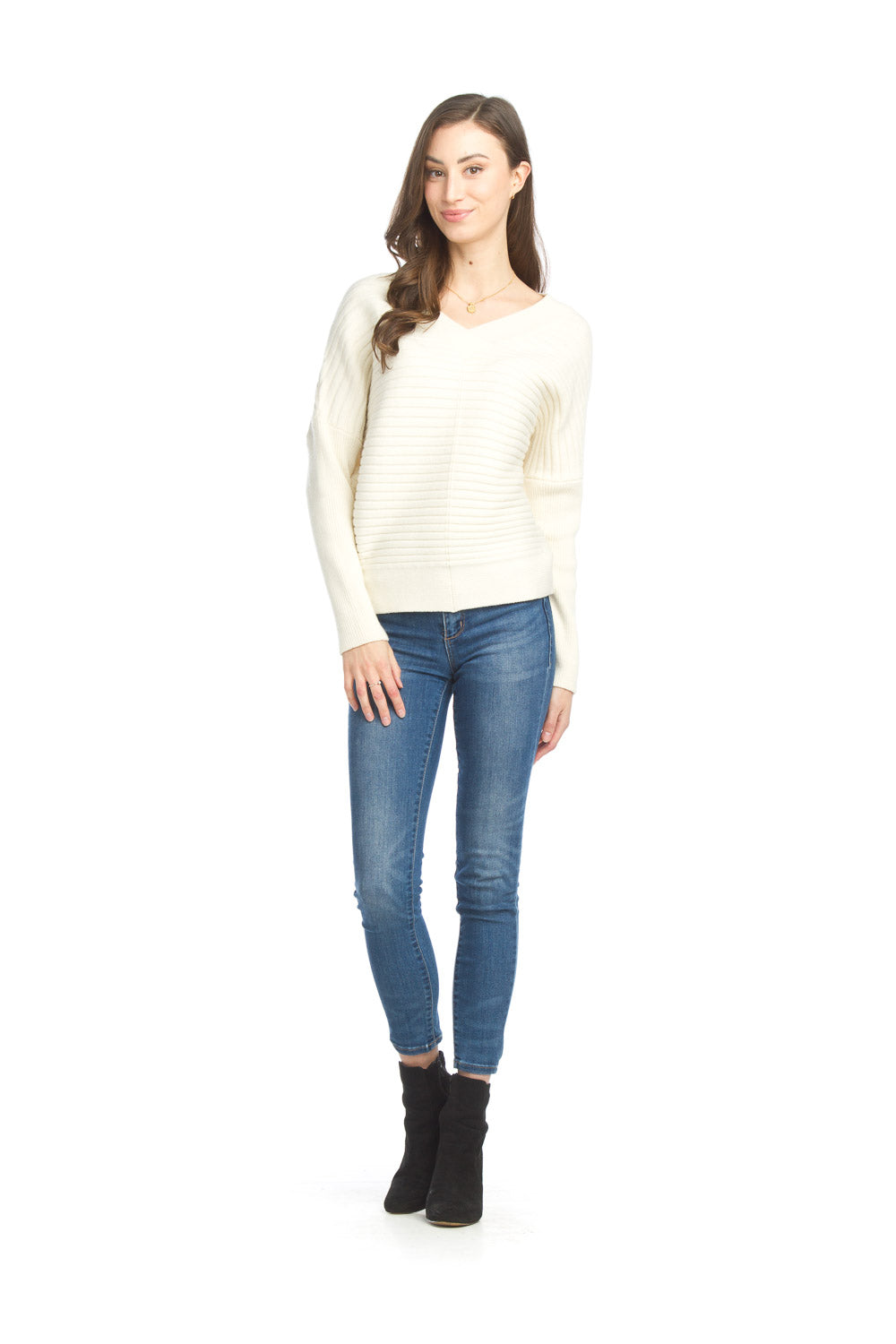 ST-15225 - Cream - Horizontal Ribbed V Neck Sweater