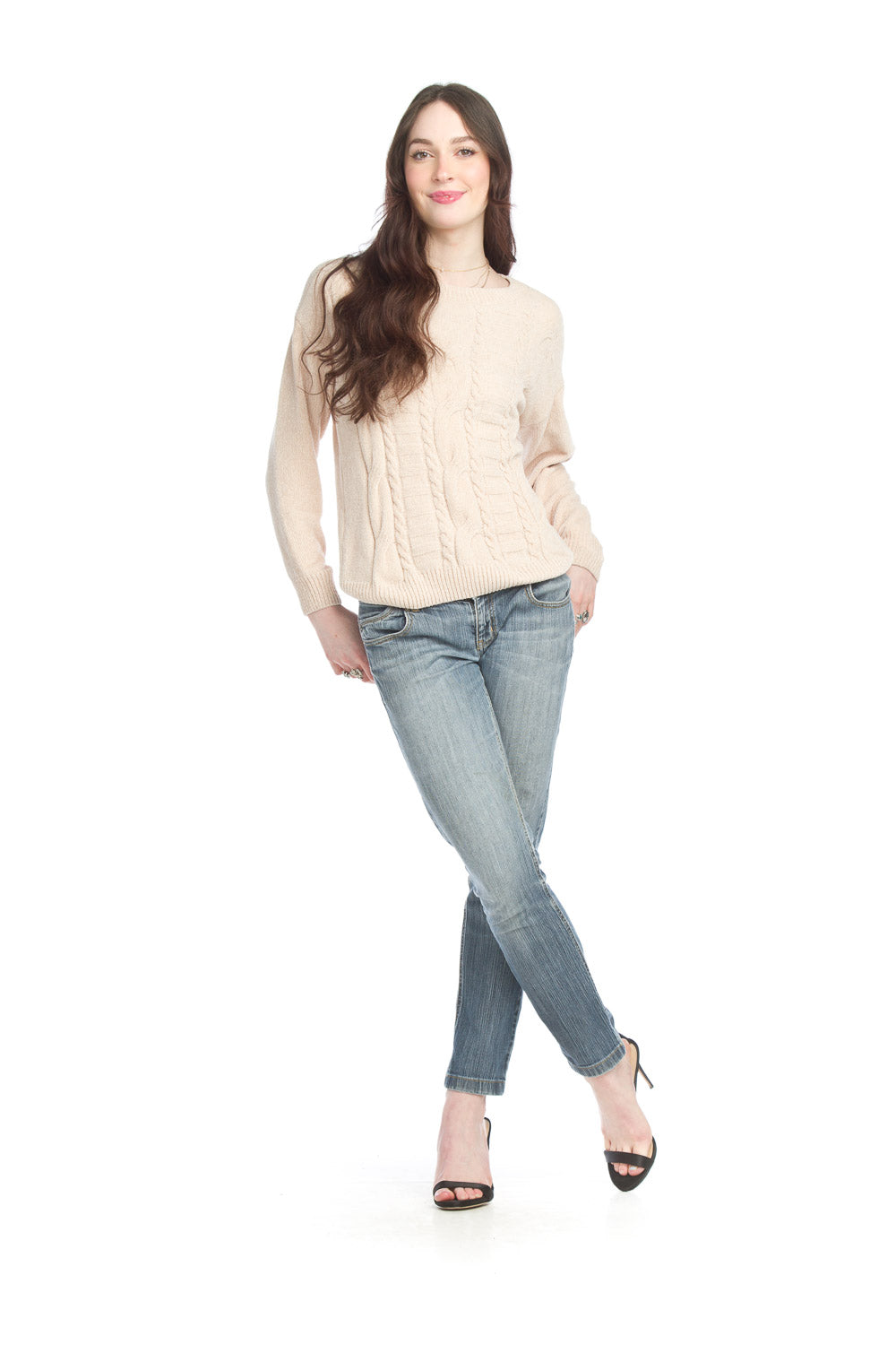 ST-15266 -Cream -  Chenille Cable Knit Sweater