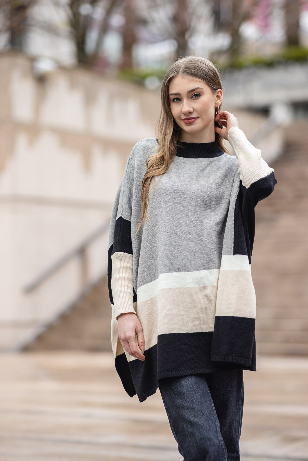 ST-15272 - Colourblocked Sleeved Poncho Style Sweater