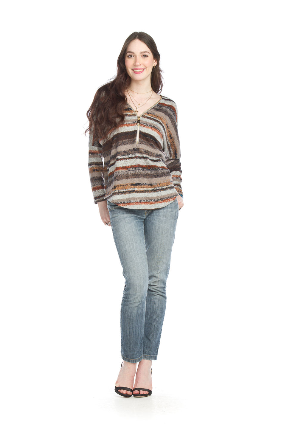 ST-15275 - Striped Zip Neck Sweater