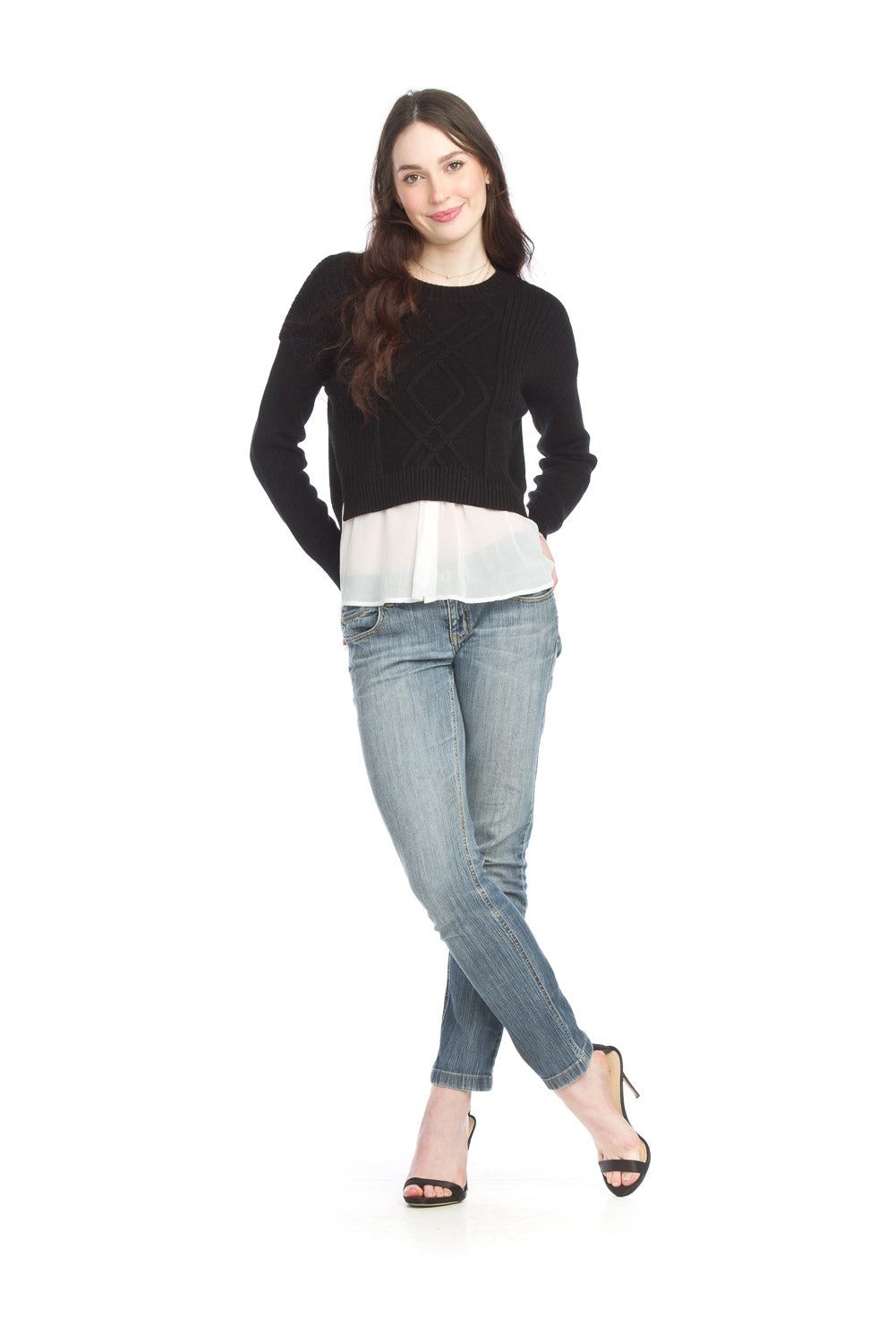 ST-15290 - Black - Cable Knit Crop Sweater with Georgette Underlay