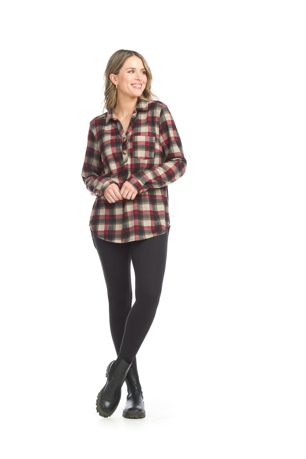 ST-15299 - Plaid Pintuck Sweater Top
