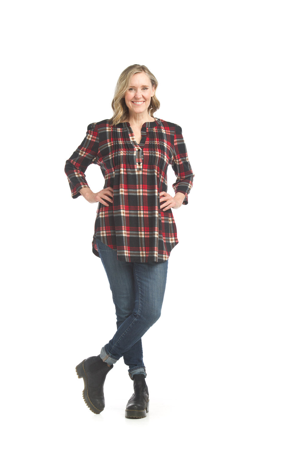 Plaid Pintuck Shirt Hem Sweater With 3/4 Sleeves