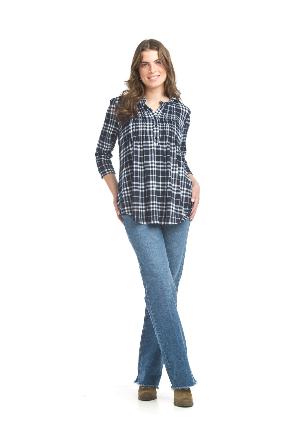 Plaid Pintuck Shirt Hem Sweater With 3/4 Sleeves