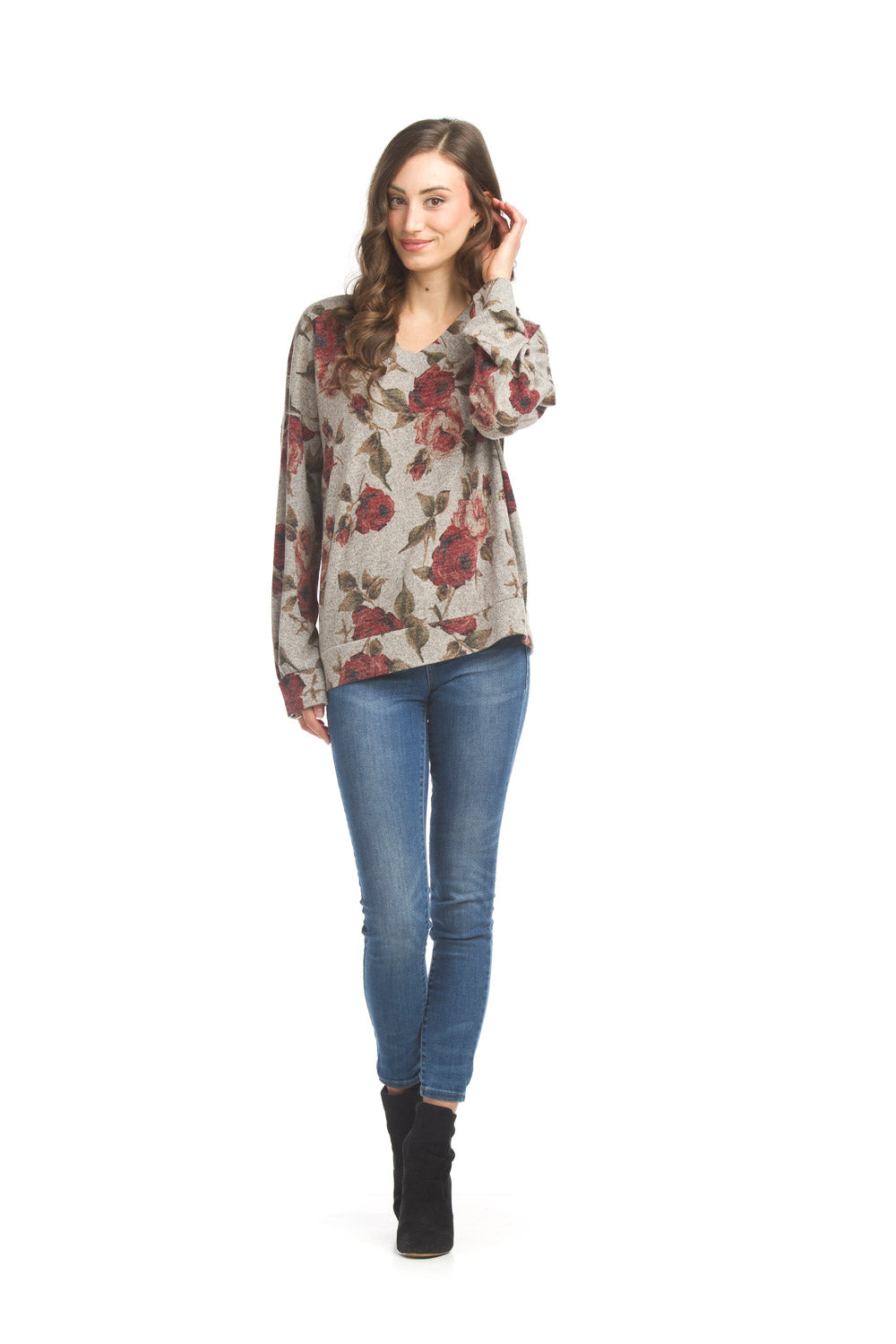 Floral V Neck Pullover Sweater