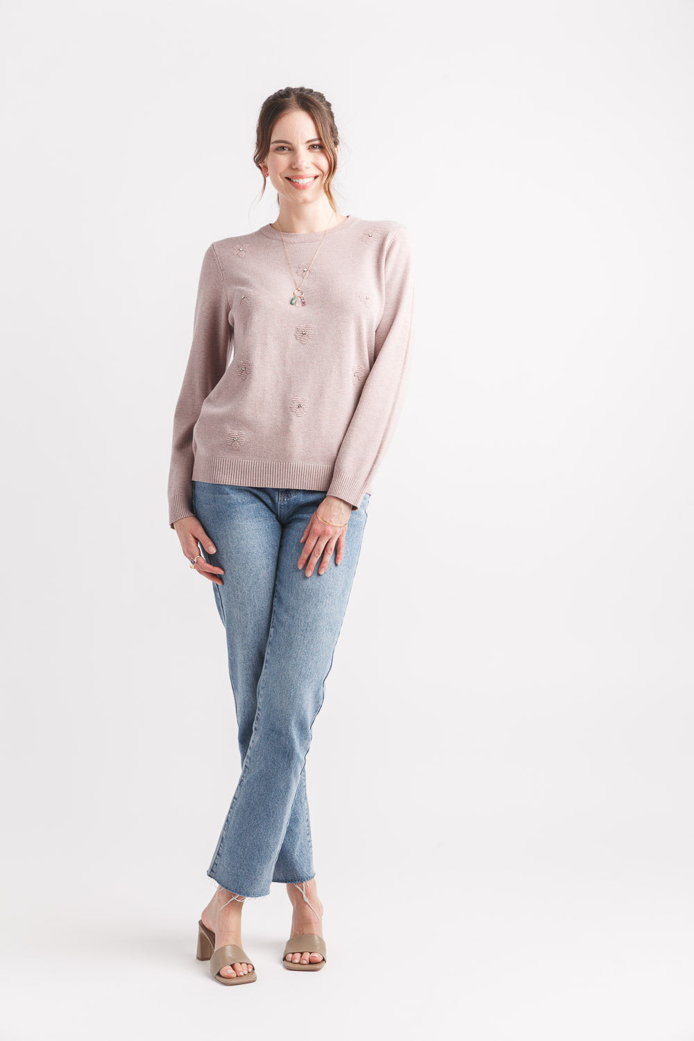Floral Embellished Sweater W Ribbed Trim