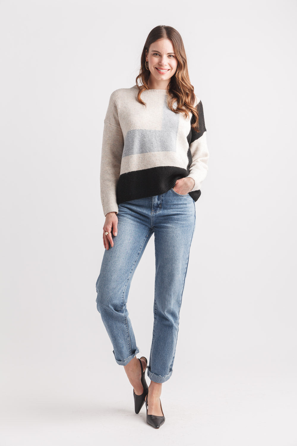 Colour Block Sweater with Rib Trim