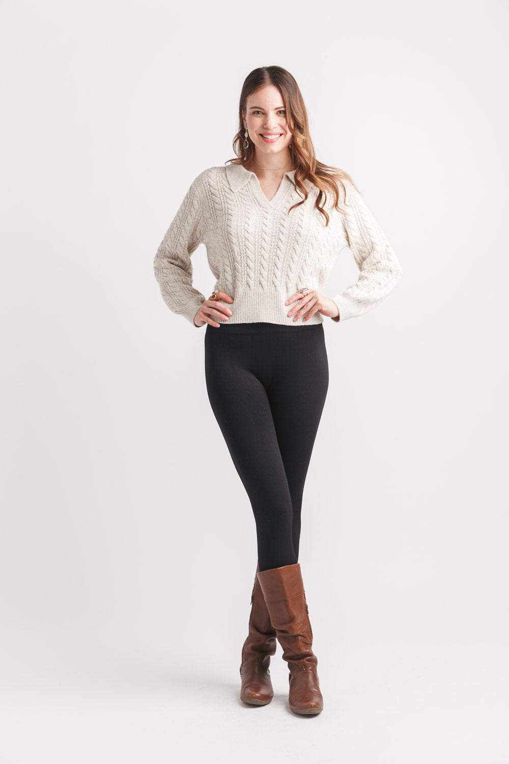 V Neck Collared Cable Knit Cropped Sweater