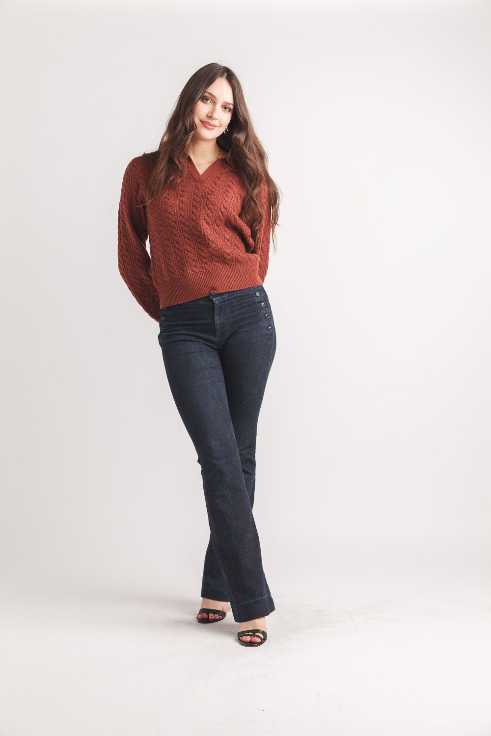 V Neck Collared Cable Knit Cropped Sweater