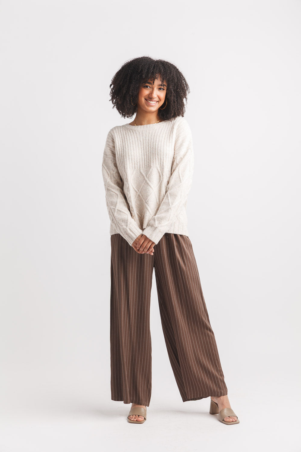 Crew Neck Rib Top Cable Bottom Sweater