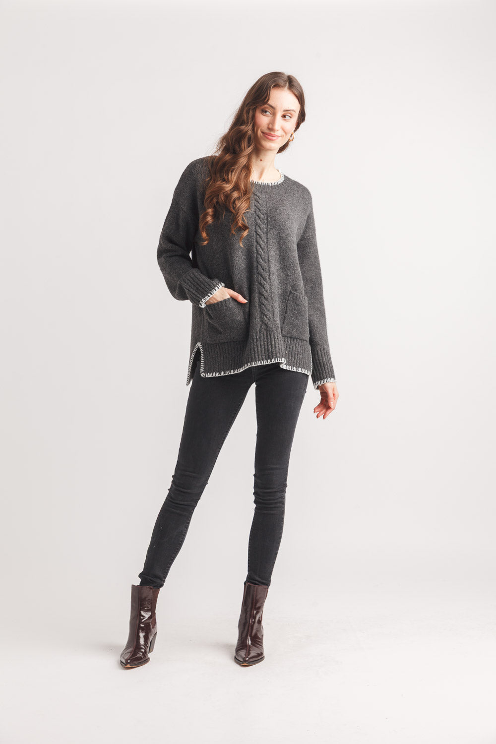 Step Hem Patch Pocket Sweater With Cable Knit