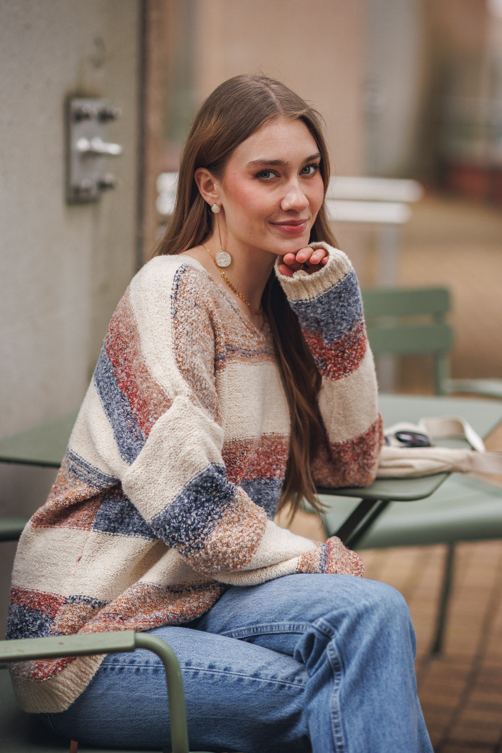 Color Block Stripe Sweater  With Boucle