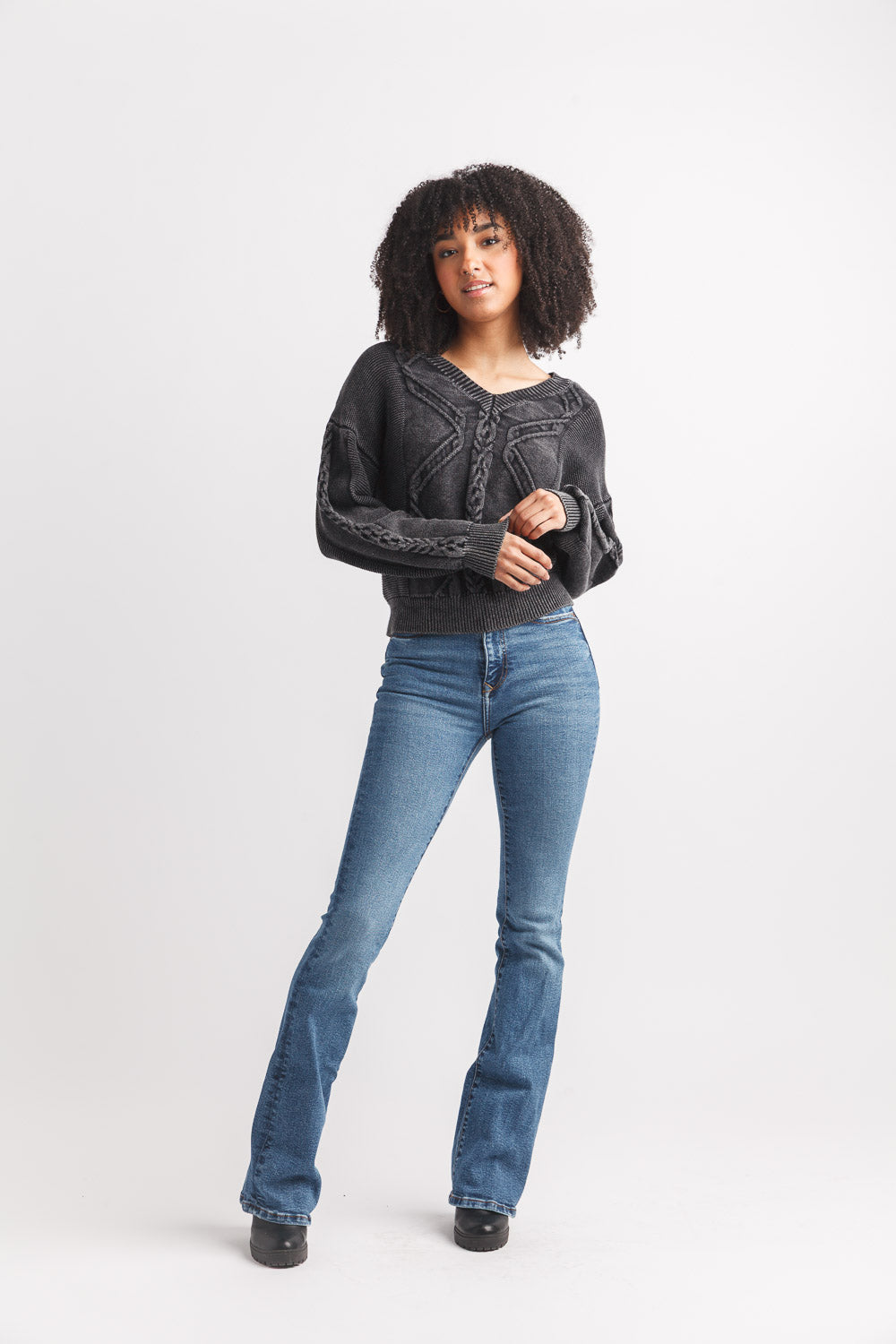 Garment Died Cable Knit V Neck Sweater