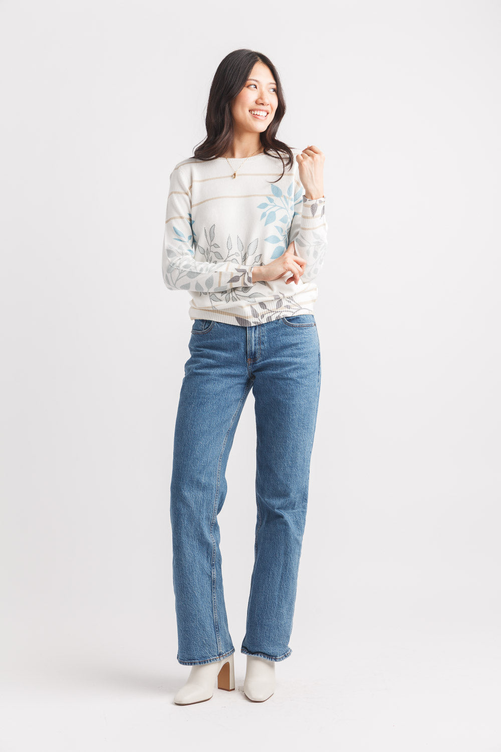 Floral And Striped Knit Sweater With Jewels
