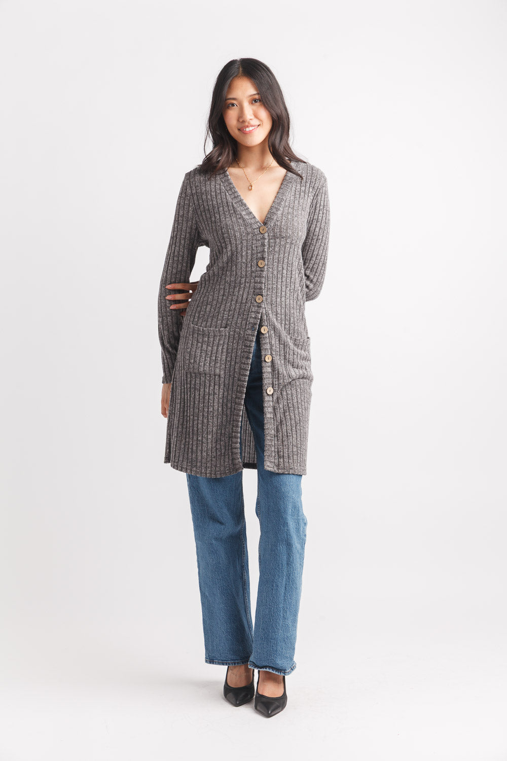 Button Front Ribbed Two Pocket Cardigan