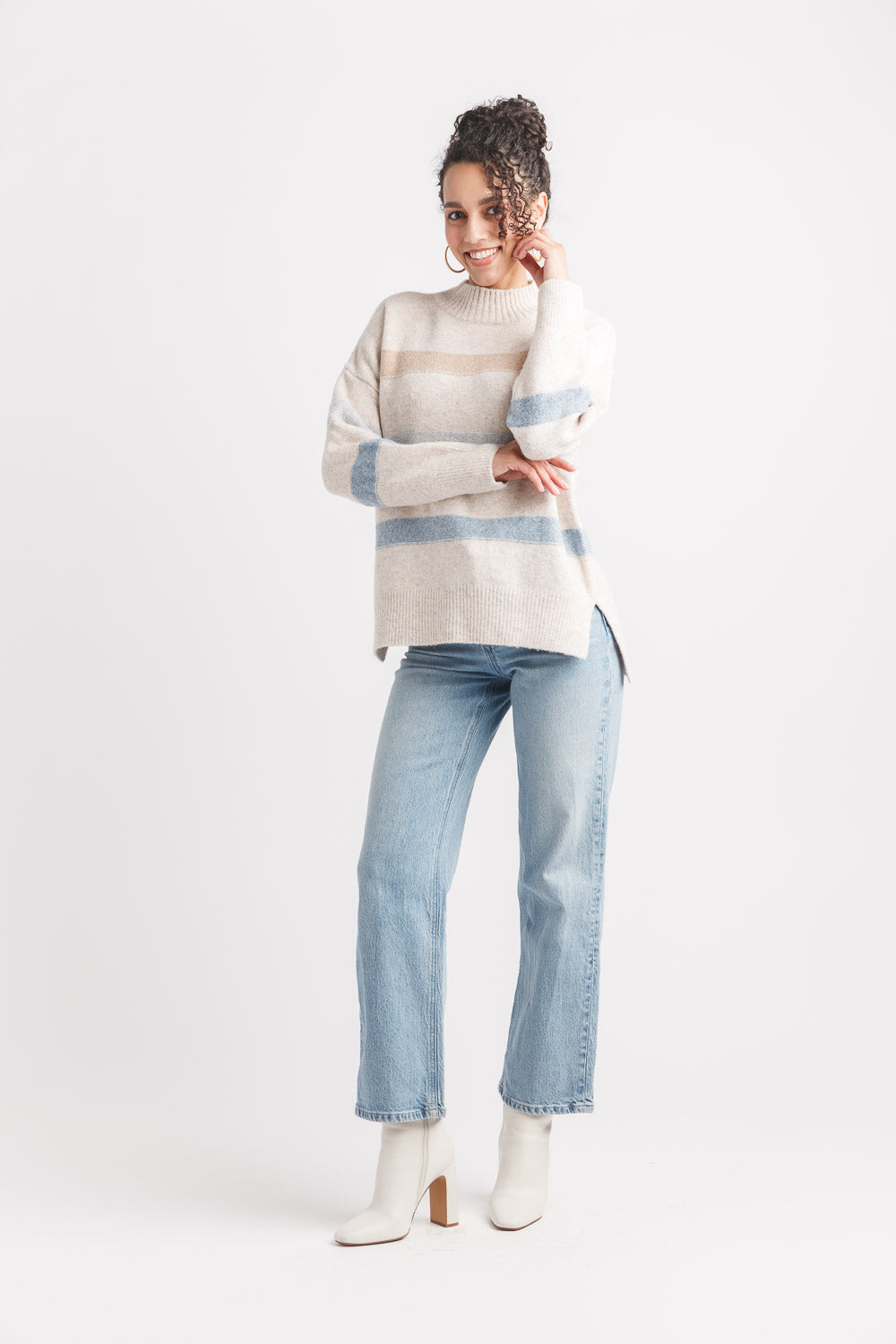 Striped Knit Mock Neck Sweater