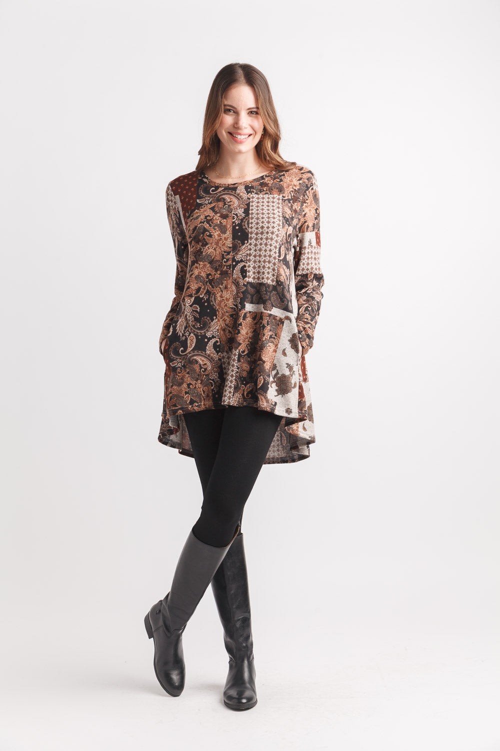 Patch Print Knit High Low Tunic With Pockets