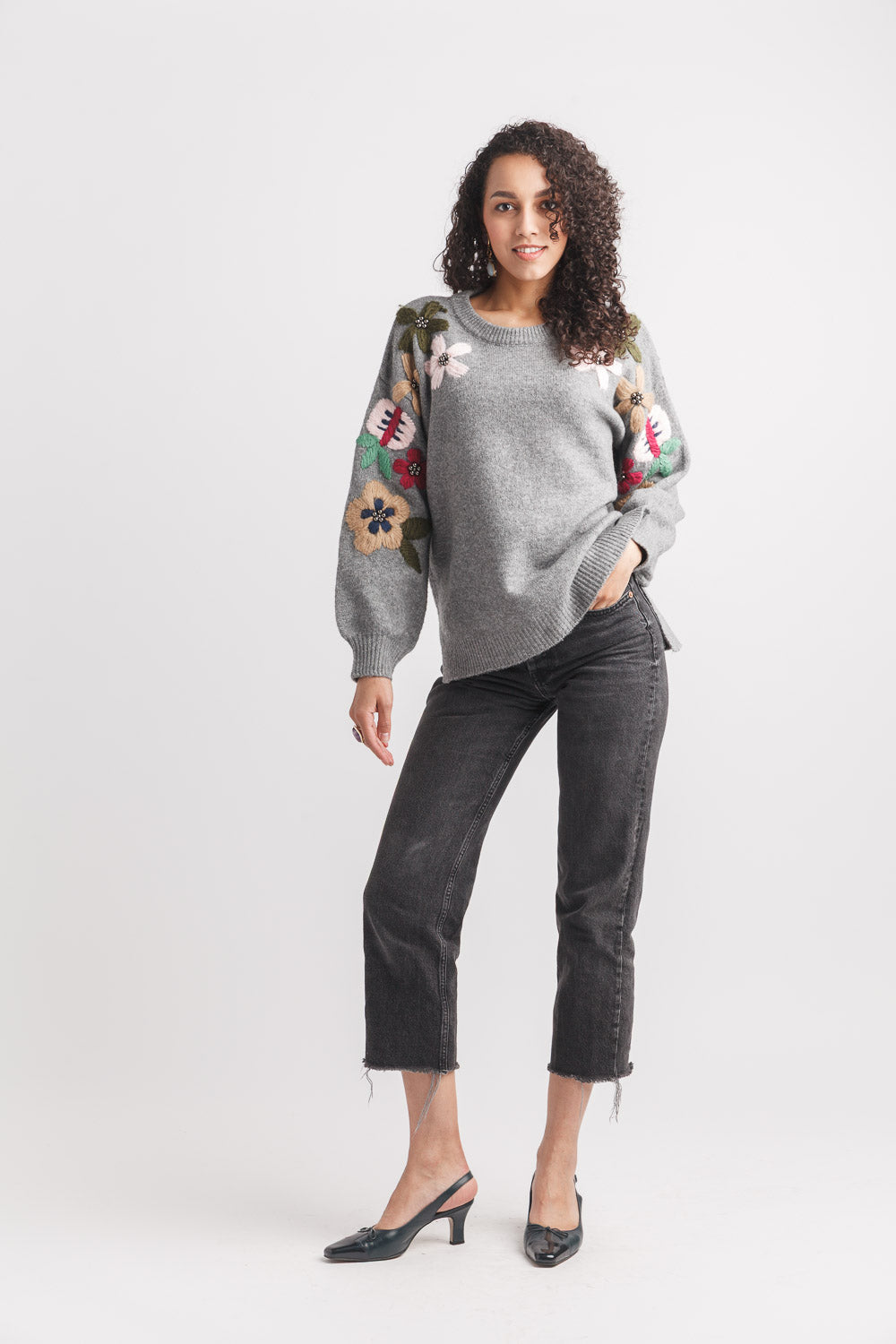 Balloon Sleeve Sweater with Embroidered Floral Detail