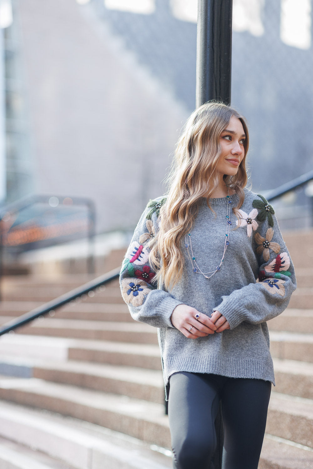 Balloon Sleeve Sweater with Embroidered Floral Detail
