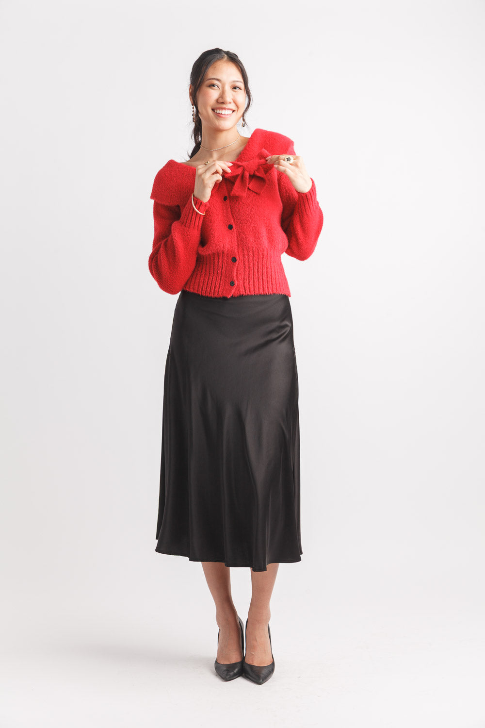 Boat Neck Cropped Cardigan with Bow Detail