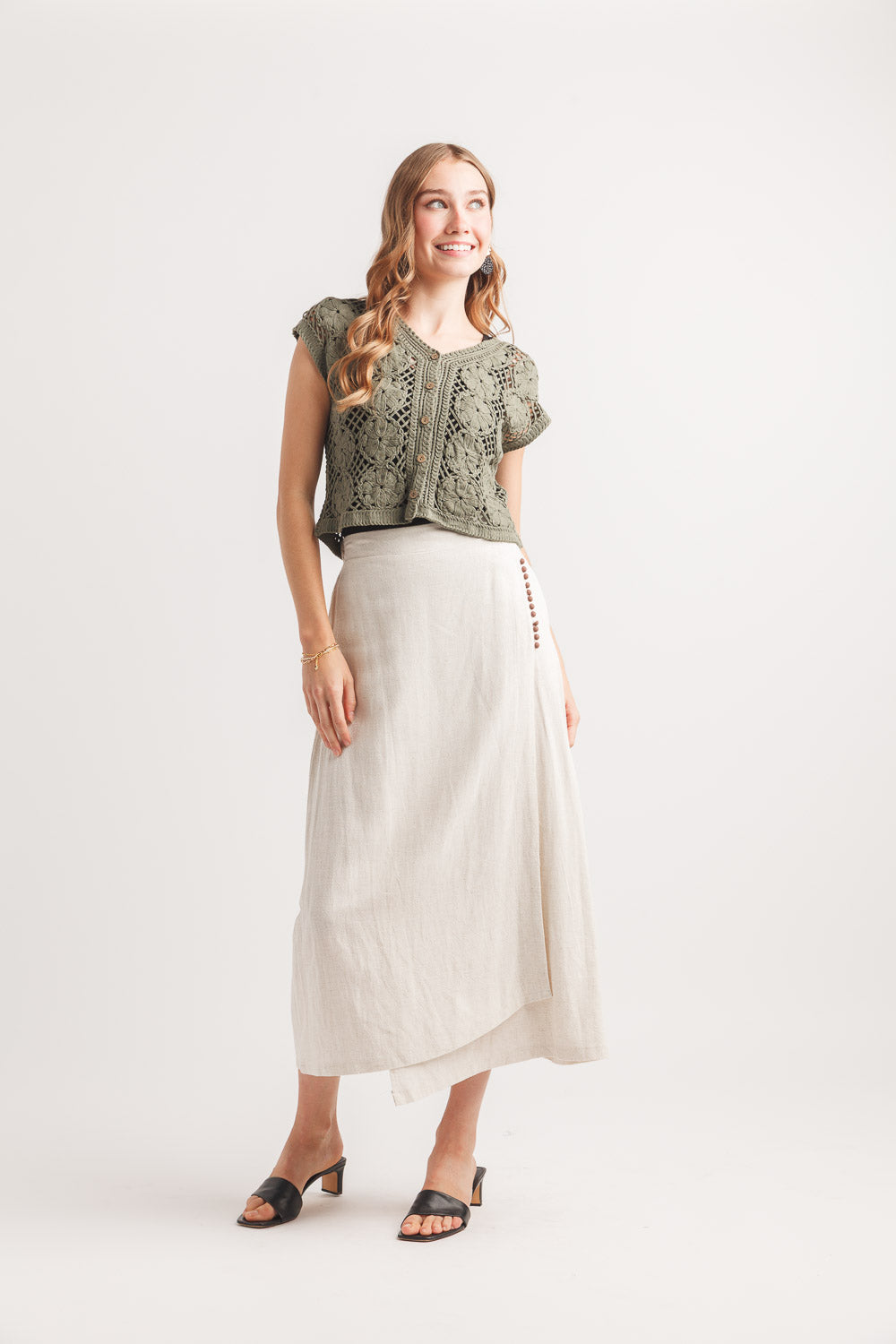 Linen Wrap Look Skirt With Wooden Buttons