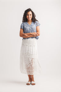 Rose Crochet Embroidered Skirt with Elastic Waist