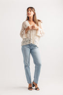 Embroided Floral Mesh Cardigan With Tie