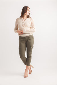 Daisy Open Knit Hooded Pullover With Lace Up