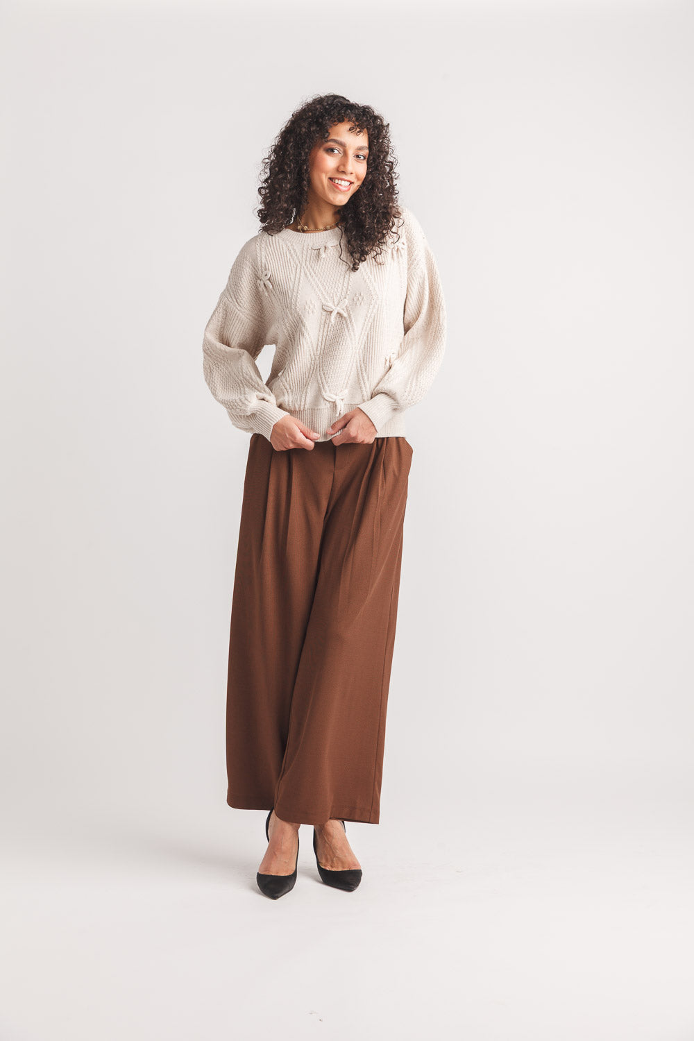 Cable Knit Balloon Sleeve Sweater with 3D Bow Details
