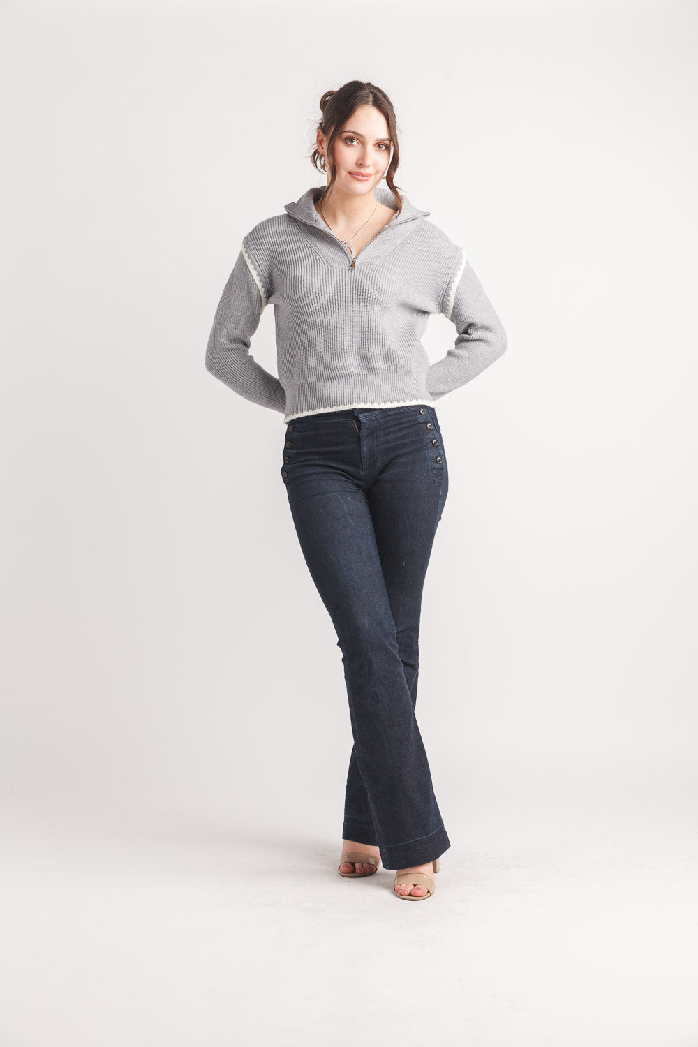 Extended Sleeve Half Zip Sweater with Contrast Trim